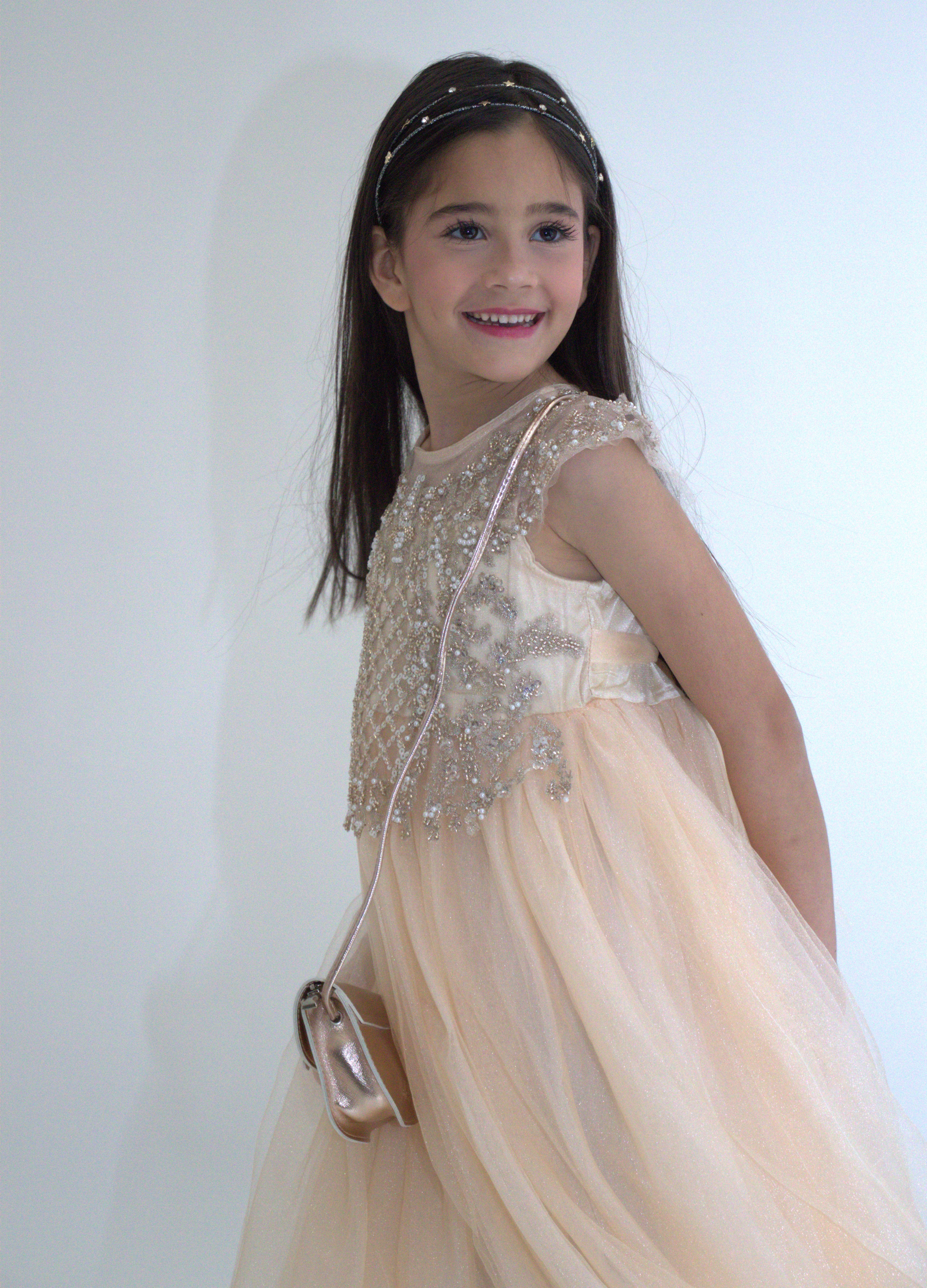 Robe de cérémonie ANABELLA - Pêche -Taille: 130 cm (4/5 ans) — accessoire enfant Yuko B.