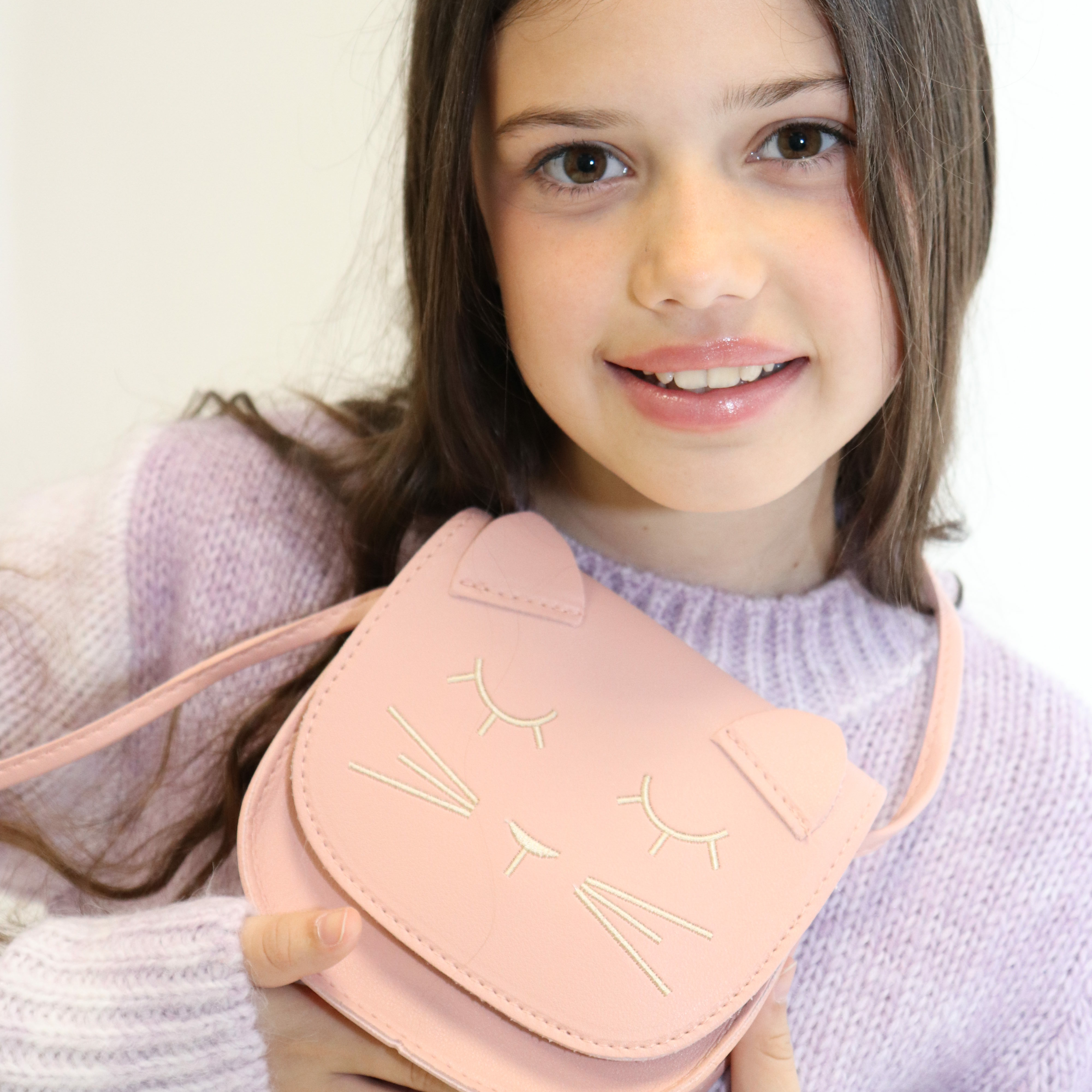 Sac bandoulière enfant - Mina le chat minimaliste Rose - Yuko B.