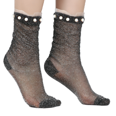 Stella - La chaussette pailletée grise ornée de petites perles blanches zoom matière — Yuko B.