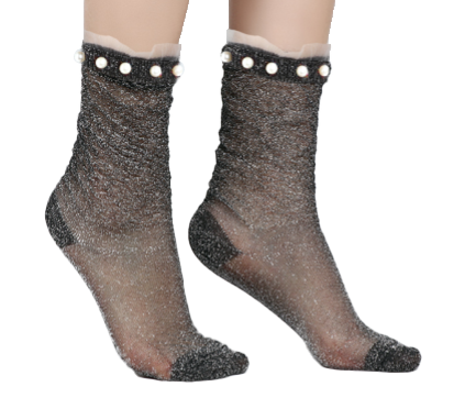 Stella - La chaussette pailletée grise ornée de petites perles blanches zoom matière — Yuko B.