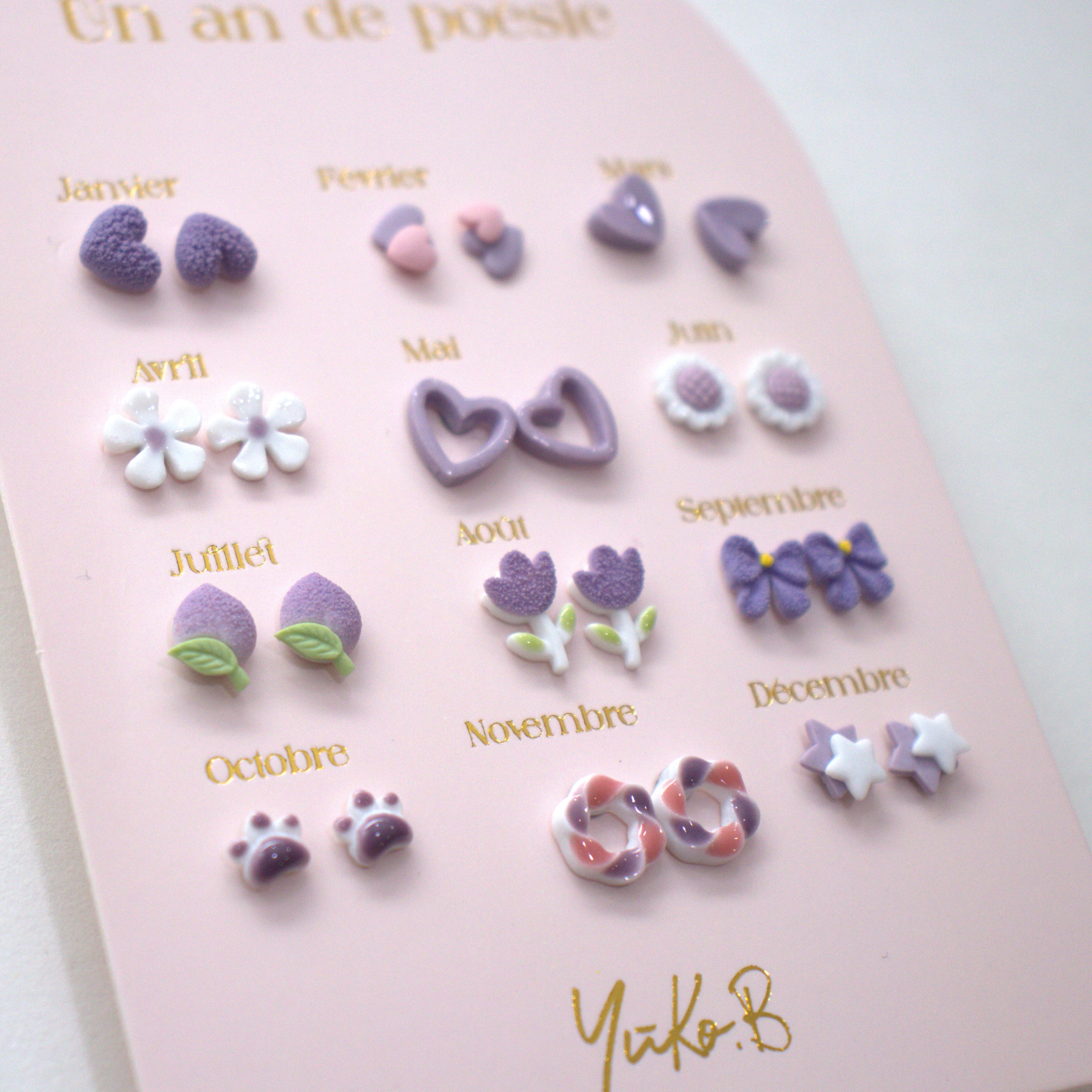 Ensemble de 12 paires de boucles d'oreilles en céramique Sans Nickel - Un An de Poésie parme - Yuko B.