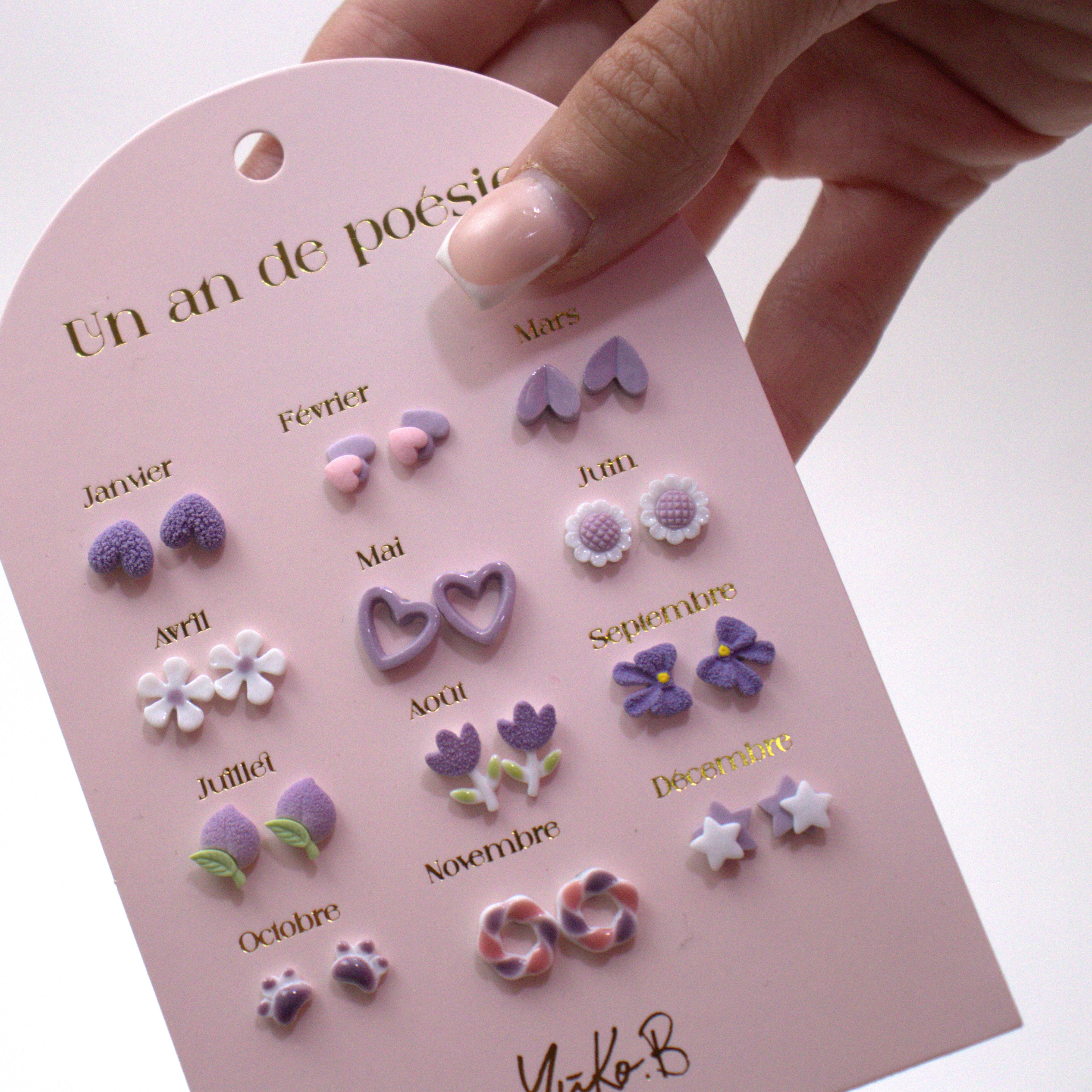 Ensemble de 12 paires de boucles d'oreilles en céramique Sans Nickel - Un An de Poésie parme - Yuko B.