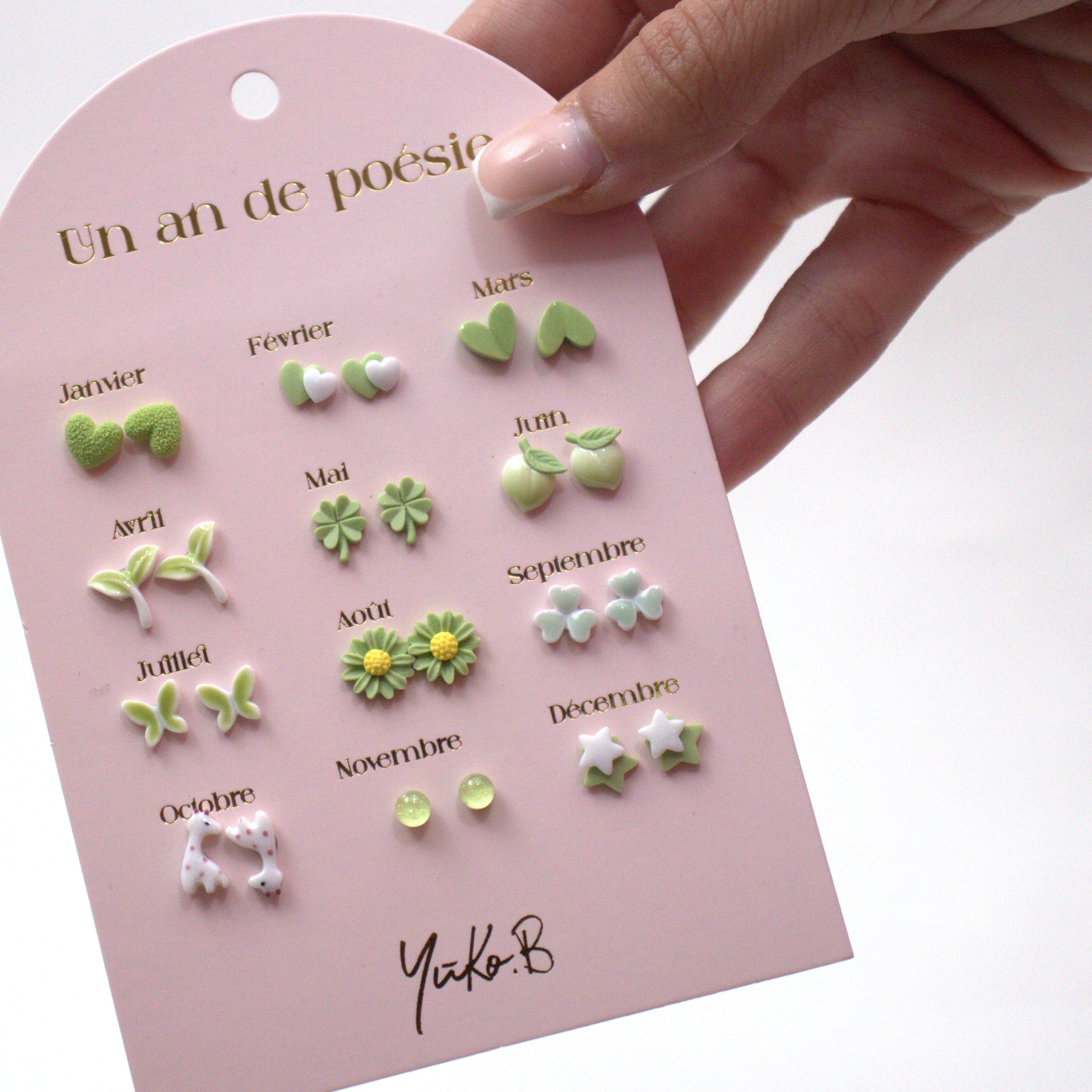 Ensemble de 12 paires de boucles d'oreilles en céramique Sans Nickel - Un An de Poésie Verte - Yuko B.