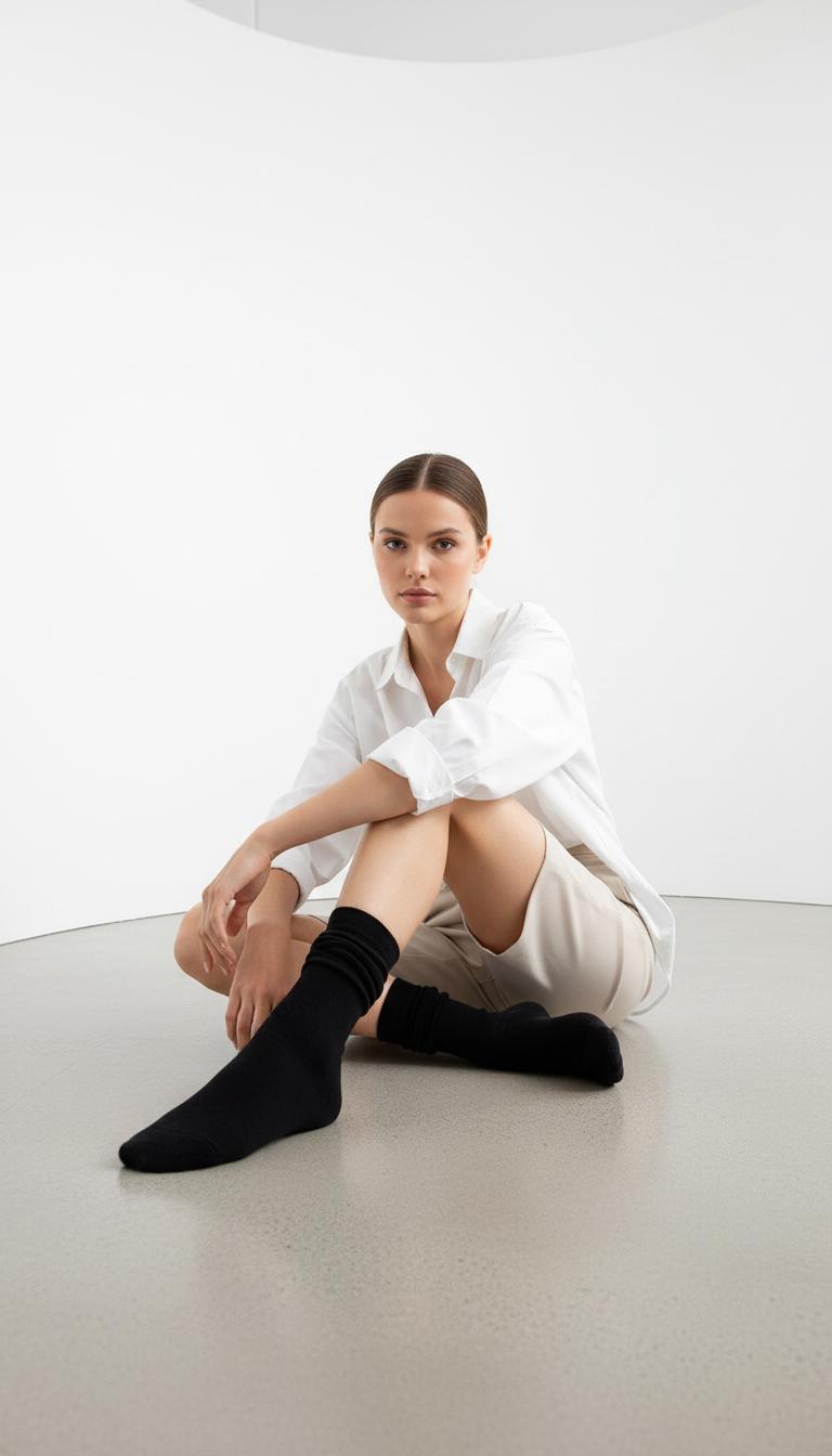 Chaussettes Premium Soft Touch en Coton Pur - Noir vue de côté — Yuko B.
