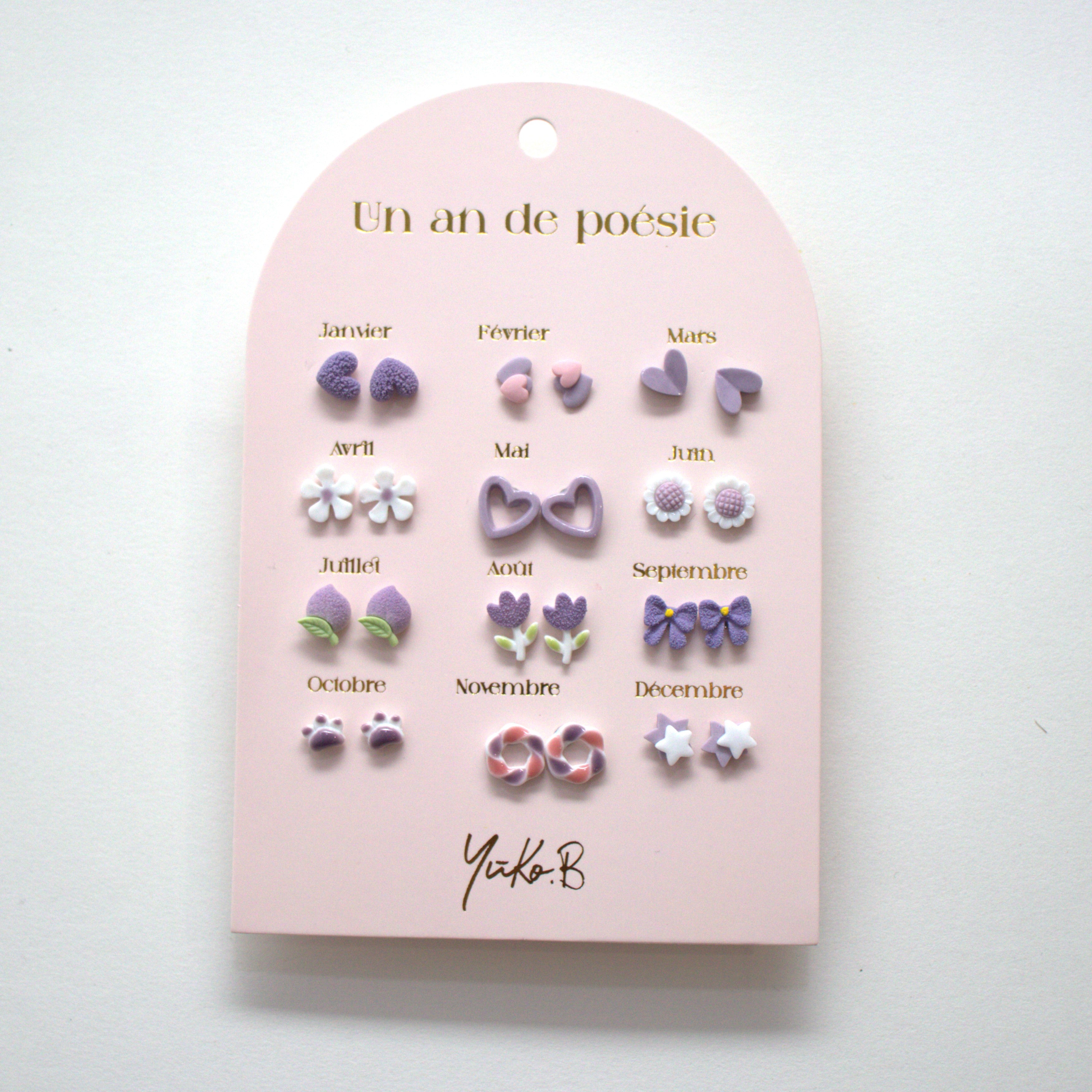 Ensemble de 12 paires de boucles d'oreilles en céramique Sans Nickel - Un An de Poésie parme - Yuko B.