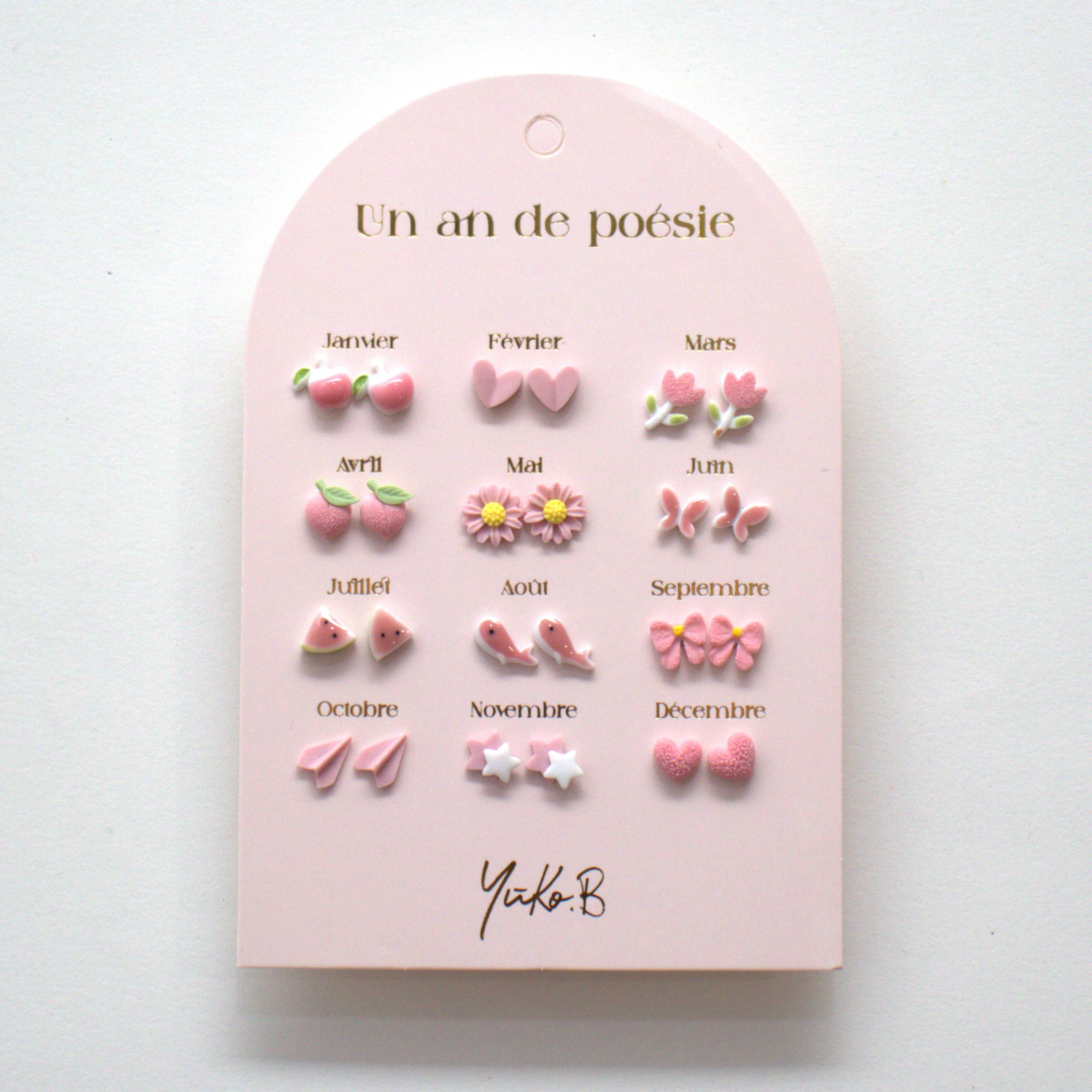 Ensemble de 12 paires de boucles d'oreilles en céramique - Un An de Poésie rose - Yuko B.