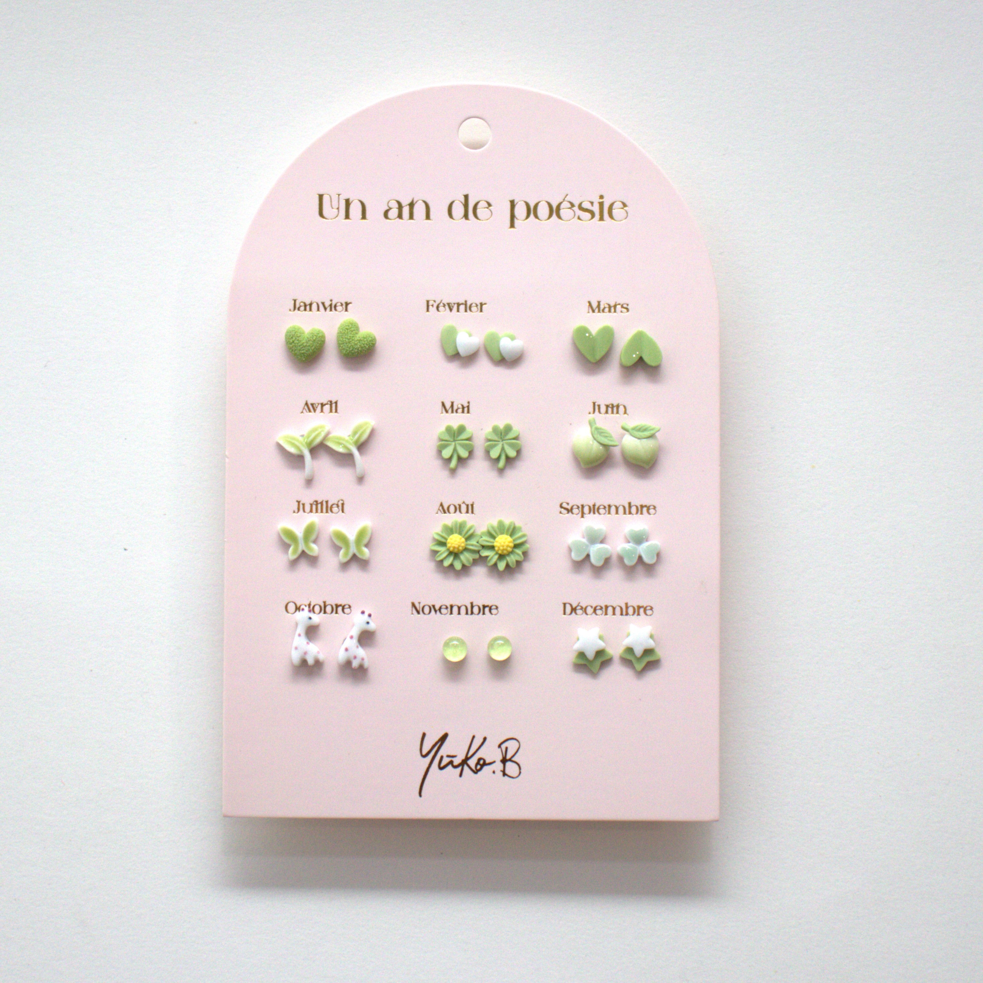 Ensemble de 12 paires de boucles d'oreilles en céramique Sans Nickel - Un An de Poésie Verte - Yuko B.